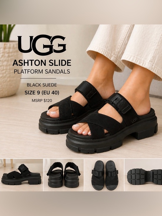 UGG Shoes - UGG Ashton Slide Platform Sandals Black Suede Size 9 EUC